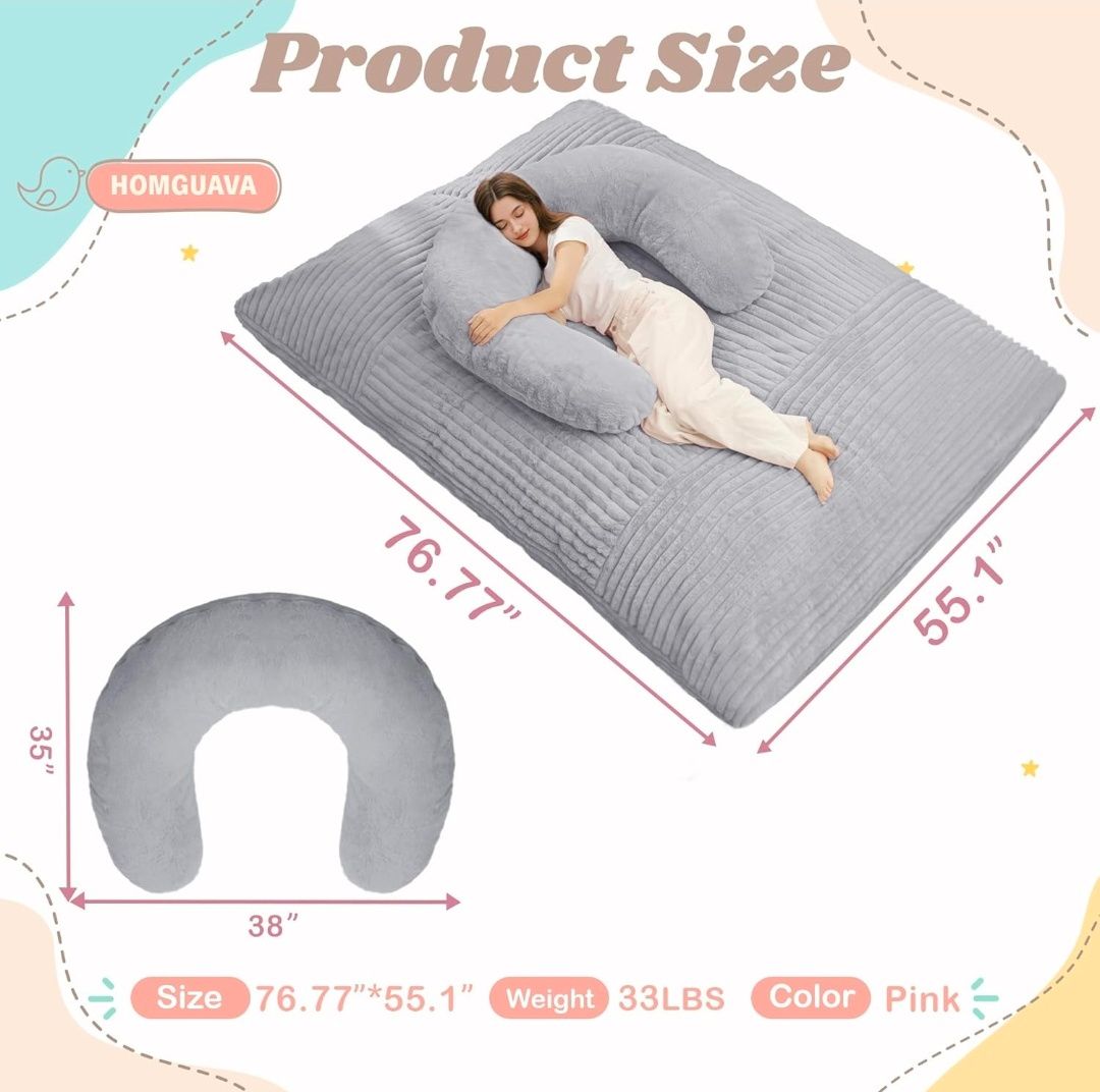 Giant Bean Bag Chair for Adults with Pillow, 4 in 1 Convertible Floor Cushion for Adluts, Memory Foamed Bean Bag Lounger with Washable Cover for Living Room, Bedroom