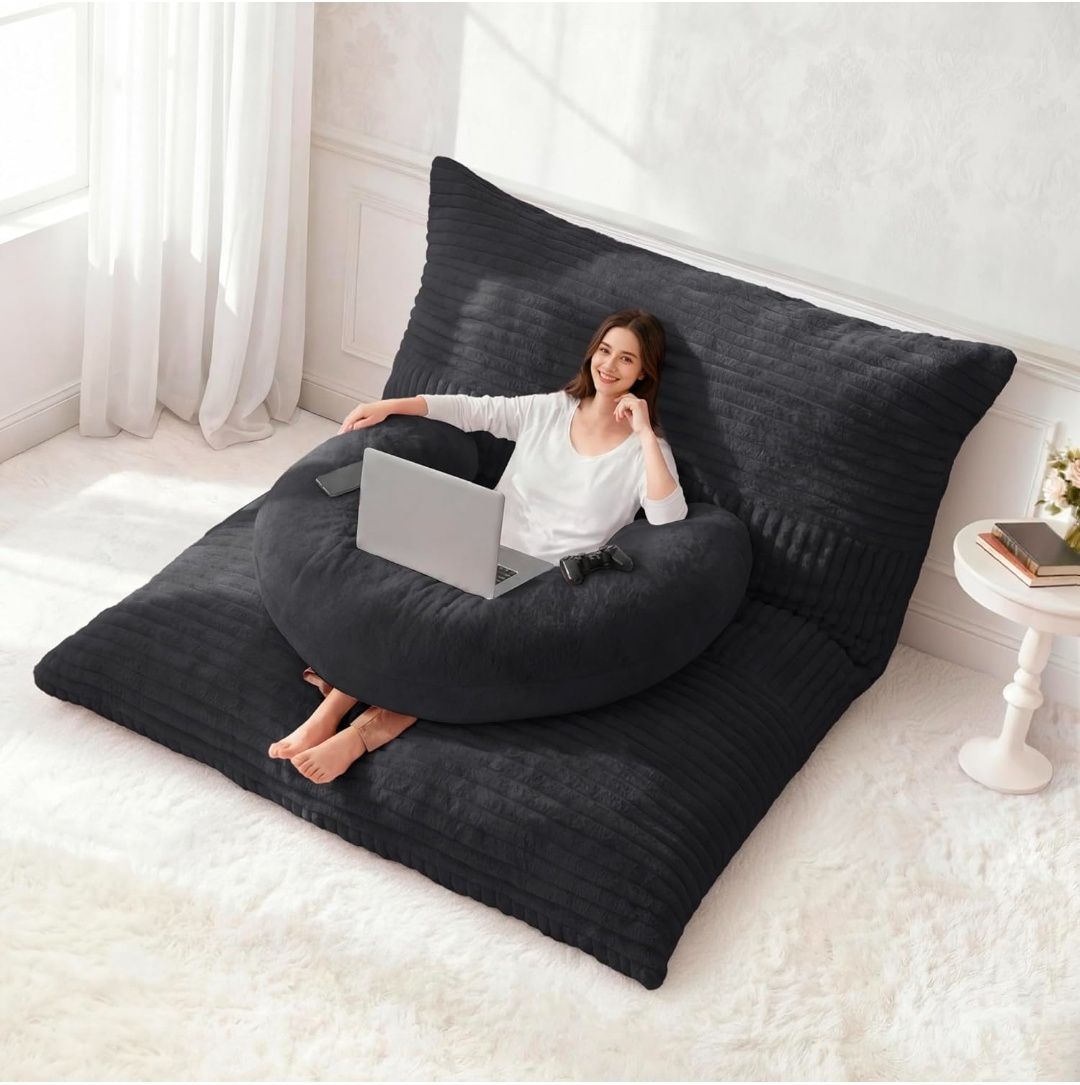 Giant Bean Bag Chair for Adults with Pillow, 4 in 1 Convertible Floor Cushion for Adluts, Memory Foamed Bean Bag Lounger with Washable Cover for Living Room, Bedroom