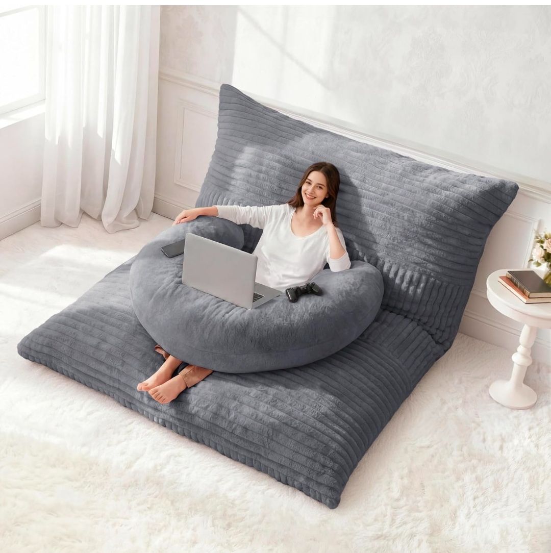 Giant Bean Bag Chair for Adults with Pillow, 4 in 1 Convertible Floor Cushion for Adluts, Memory Foamed Bean Bag Lounger with Washable Cover for Living Room, Bedroom