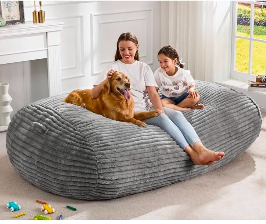 6FT Bean Bag Chairs Adult Bean Bag with Portable Handle Comfy Large Bean Bag Lounge Chair with Removable Cover for Living Room Bedroom (Stripe Grey, 6FT)