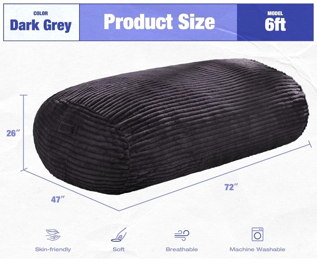 6FT Bean Bag Chairs Adult Bean Bag with Portable Handle Comfy Large Bean Bag Lounge Chair with Removable Cover for Living Room Bedroom (Stripe Grey, 6FT)
