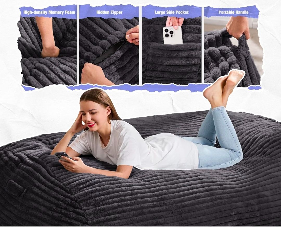 6FT Bean Bag Chairs Adult Bean Bag with Portable Handle Comfy Large Bean Bag Lounge Chair with Removable Cover for Living Room Bedroom (Stripe Grey, 6FT)