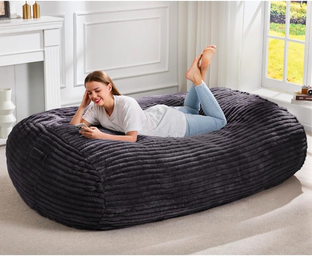 6FT Bean Bag Chairs Adult Bean Bag with Portable Handle Comfy Large Bean Bag Lounge Chair with Removable Cover for Living Room Bedroom (Stripe Grey, 6FT)