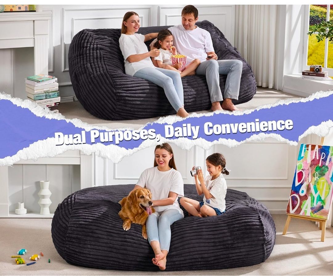 6FT Bean Bag Chairs Adult Bean Bag with Portable Handle Comfy Large Bean Bag Lounge Chair with Removable Cover for Living Room Bedroom (Stripe Grey, 6FT)