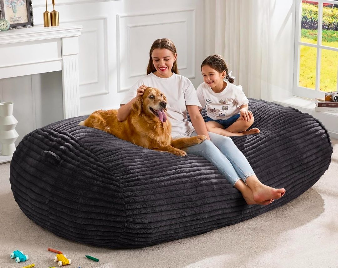 6FT Bean Bag Chairs Adult Bean Bag with Portable Handle Comfy Large Bean Bag Lounge Chair with Removable Cover for Living Room Bedroom (Stripe Grey, 6FT)