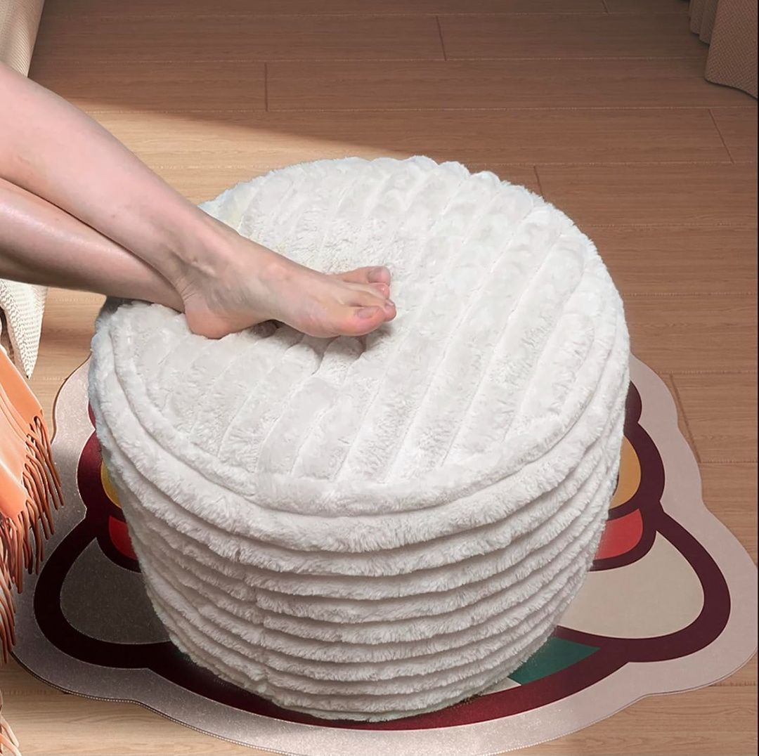 Pouf Ottoman Stuffed Round for Foot Rest, Faux Fur Poufs with Foam Chunk Filling, Storage Ottoman Pouf Foot Stool Cushion, 26 X 18 Inch Floor Chair for Living Room Bedroom Home Decor