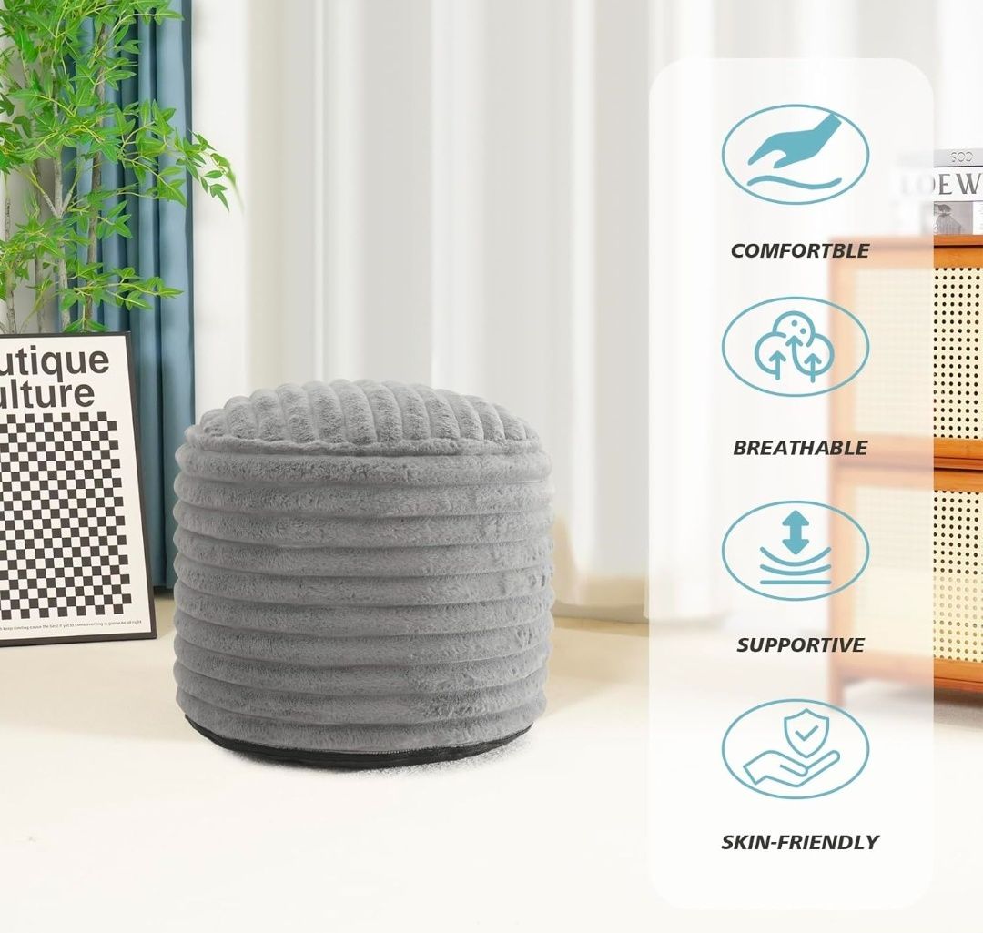 Pouf Ottoman Stuffed Round for Foot Rest, Faux Fur Poufs with Foam Chunk Filling, Storage Ottoman Pouf Foot Stool Cushion, 26 X 18 Inch Floor Chair for Living Room Bedroom Home Decor