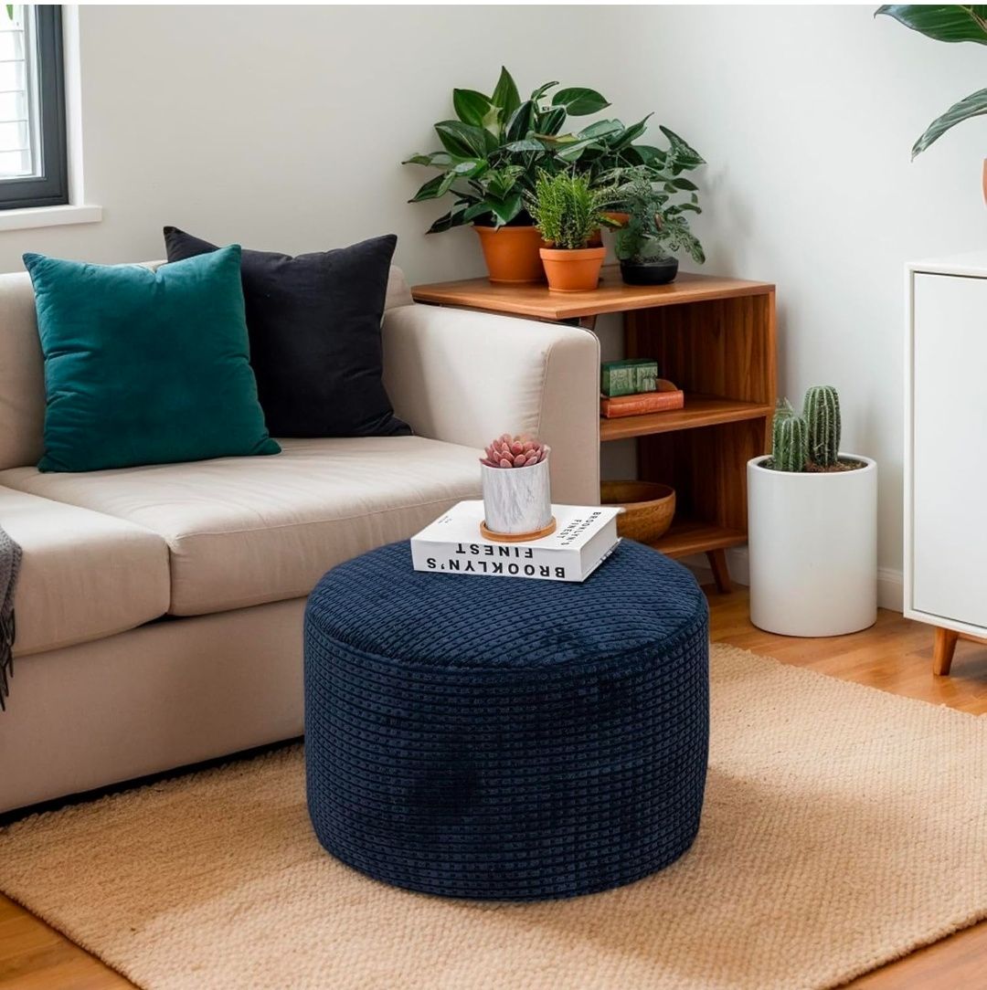 Round Stuffed Pouf Ottoman for Foot Rest, Faux Fur Poufs with Foam Chunk Filling, Storage Ottoman Pouf Foot Stool Cushion Poufs, 20 X 15 Inch Floor Chair for Living Room Bedroom Home Decor