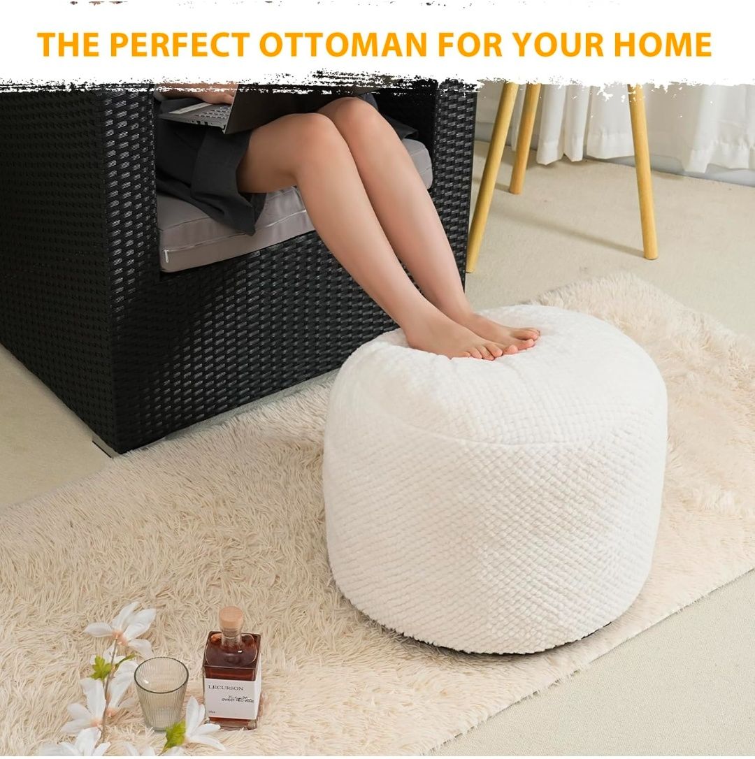 Round Stuffed Pouf Ottoman for Foot Rest, Faux Fur Poufs with Foam Chunk Filling, Storage Ottoman Pouf Foot Stool Cushion Poufs, 20 X 15 Inch Floor Chair for Living Room Bedroom Home Decor