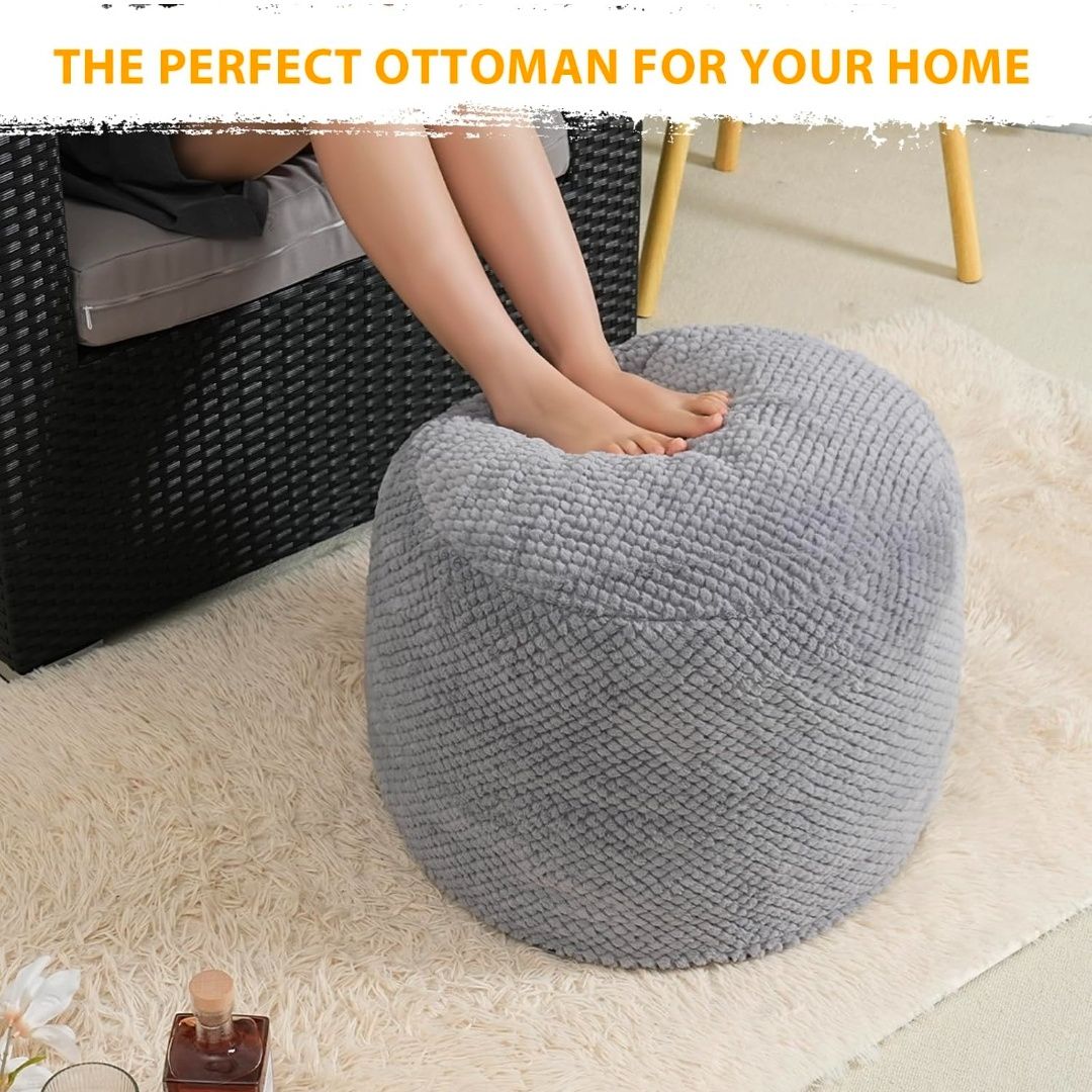 Round Stuffed Pouf Ottoman for Foot Rest, Faux Fur Poufs with Foam Chunk Filling, Storage Ottoman Pouf Foot Stool Cushion Poufs, 20 X 15 Inch Floor Chair for Living Room Bedroom Home Decor