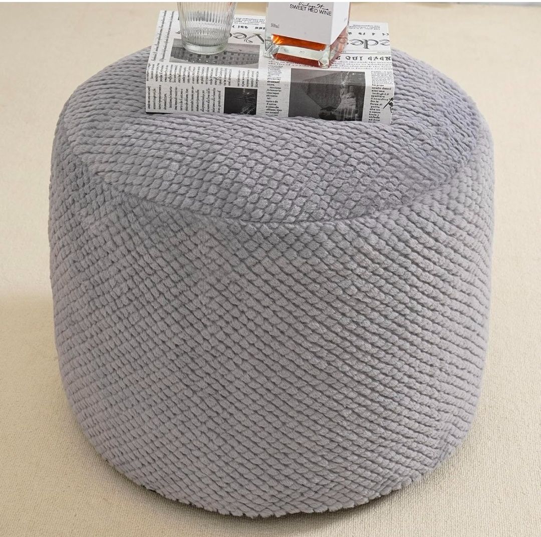 Round Stuffed Pouf Ottoman for Foot Rest, Faux Fur Poufs with Foam Chunk Filling, Storage Ottoman Pouf Foot Stool Cushion Poufs, 20 X 15 Inch Floor Chair for Living Room Bedroom Home Decor