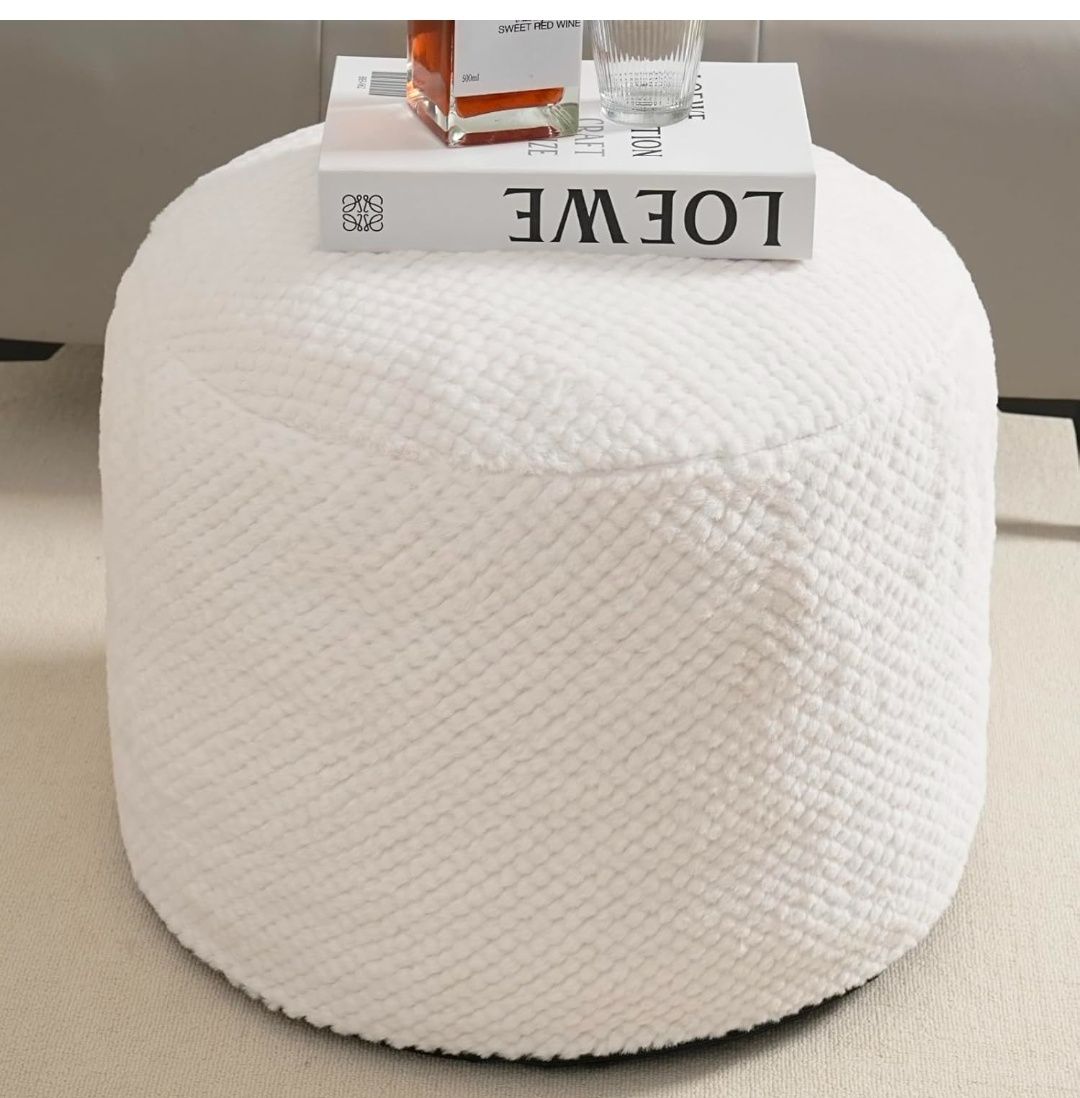 Round Stuffed Pouf Ottoman for Foot Rest, Faux Fur Poufs with Foam Chunk Filling, Storage Ottoman Pouf Foot Stool Cushion Poufs, 20 X 15 Inch Floor Chair for Living Room Bedroom Home Decor