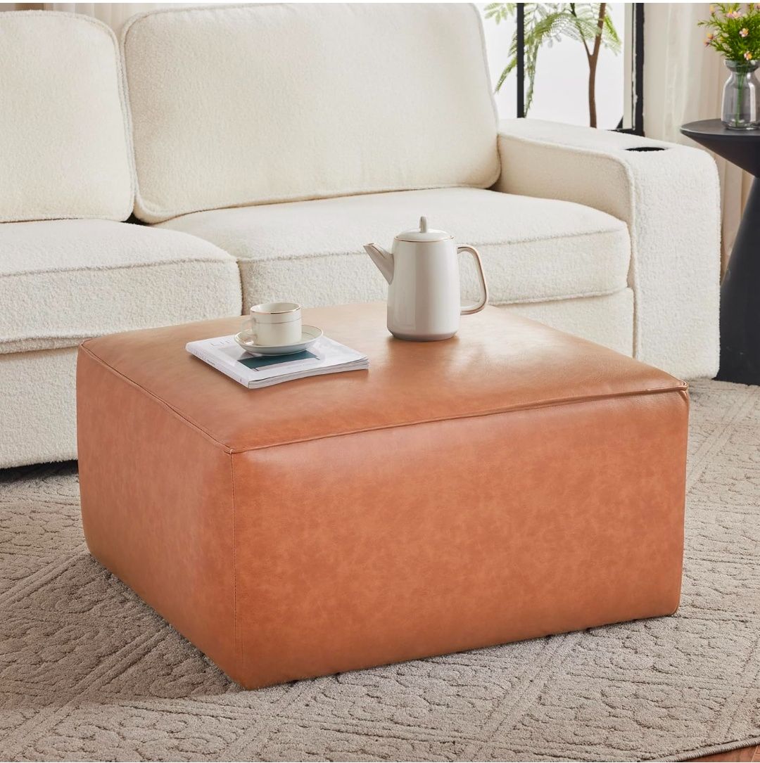 Home Faux Leather Ottoman Footstool, Square Pouf Poufee Footrest Ottoman Large Seat, Modern Side Table for Living Room Bedroom Home Decor Gifts,Size: 30"