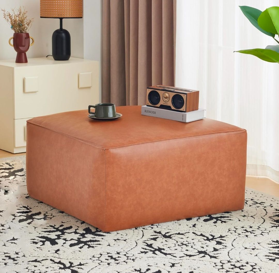 Home Faux Leather Ottoman Footstool, Square Pouf Poufee Footrest Ottoman Large Seat, Modern Side Table for Living Room Bedroom Home Decor Gifts,Size: 30"