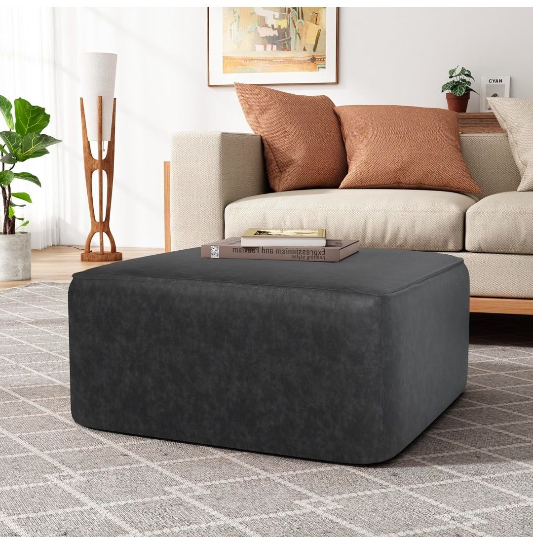 Home Faux Leather Ottoman Footstool, Square Pouf Poufee Footrest Ottoman Large Seat, Modern Side Table for Living Room Bedroom Home Decor Gifts,Size: 30"