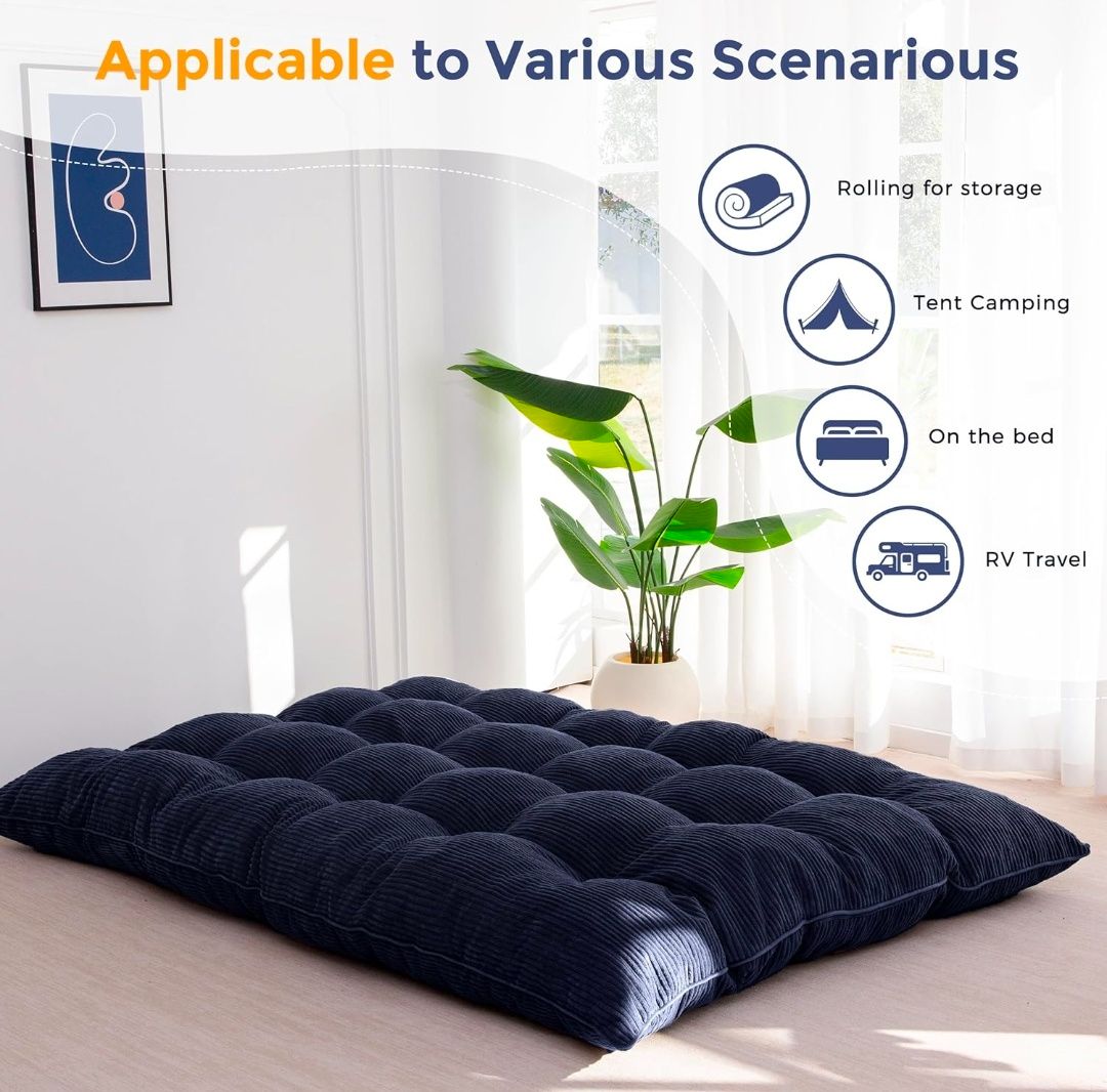 Floor Mattress Full Size, 6" Chenille Japanese Futon Mattress Foldable Floor Bed for Adults Tufted Roll Up Floor Couch Bed, Tatami Mat Sleeping Pad for Living Room, Bedroom