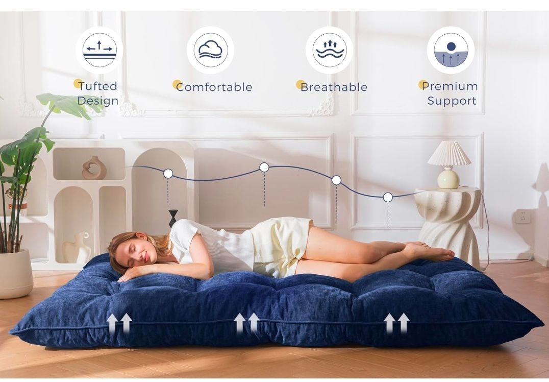 Floor Mattress Full Size, 6" Chenille Japanese Futon Mattress Foldable Floor Bed for Adults Tufted Roll Up Floor Couch Bed, Tatami Mat Sleeping Pad for Living Room, Bedroom