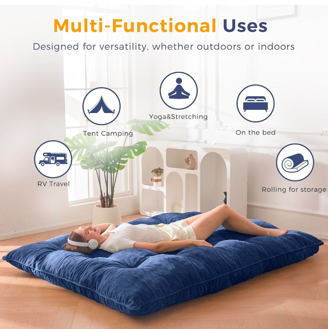 Floor Mattress Full Size, 6" Chenille Japanese Futon Mattress Foldable Floor Bed for Adults Tufted Roll Up Floor Couch Bed, Tatami Mat Sleeping Pad for Living Room, Bedroom