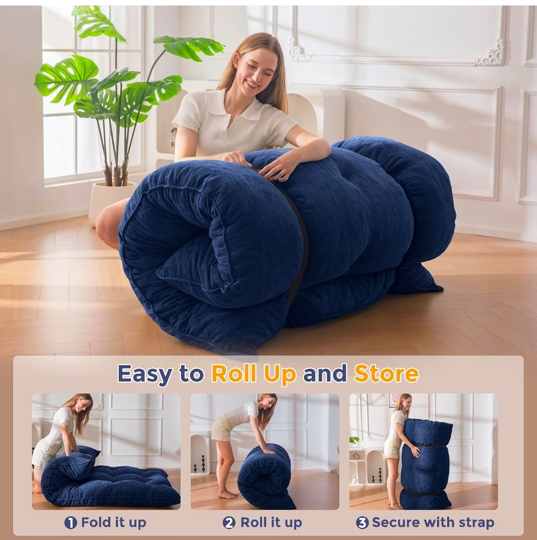 Floor Mattress Full Size, 6" Chenille Japanese Futon Mattress Foldable Floor Bed for Adults Tufted Roll Up Floor Couch Bed, Tatami Mat Sleeping Pad for Living Room, Bedroom