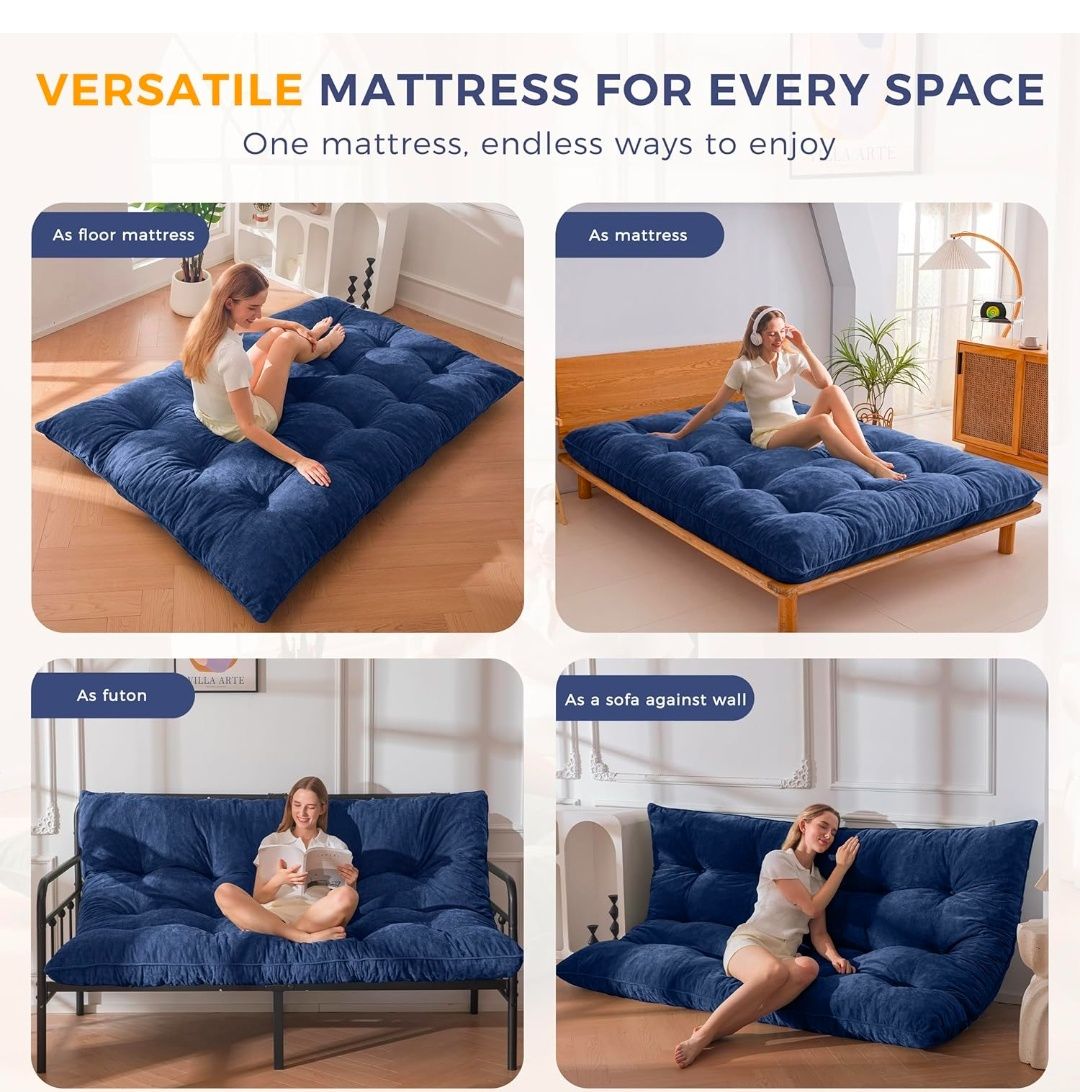 Floor Mattress Full Size, 6" Chenille Japanese Futon Mattress Foldable Floor Bed for Adults Tufted Roll Up Floor Couch Bed, Tatami Mat Sleeping Pad for Living Room, Bedroom