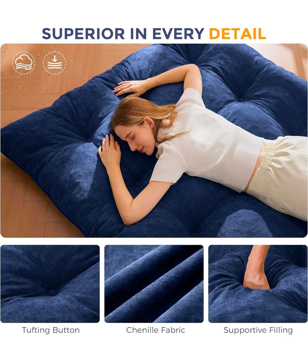 Floor Mattress Full Size, 6" Chenille Japanese Futon Mattress Foldable Floor Bed for Adults Tufted Roll Up Floor Couch Bed, Tatami Mat Sleeping Pad for Living Room, Bedroom