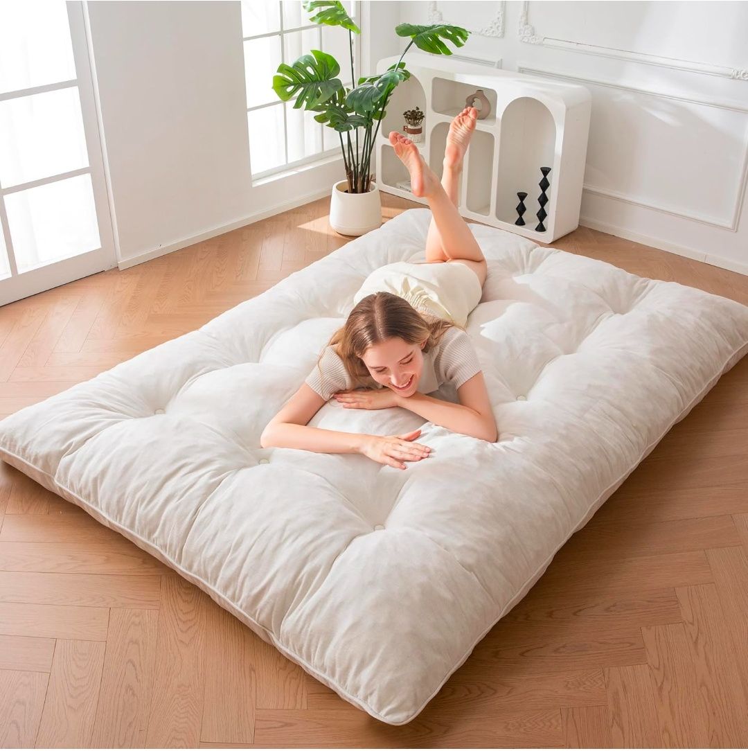 Floor Mattress Full Size, 6" Chenille Japanese Futon Mattress Foldable Floor Bed for Adults Tufted Roll Up Floor Couch Bed, Tatami Mat Sleeping Pad for Living Room, Bedroom