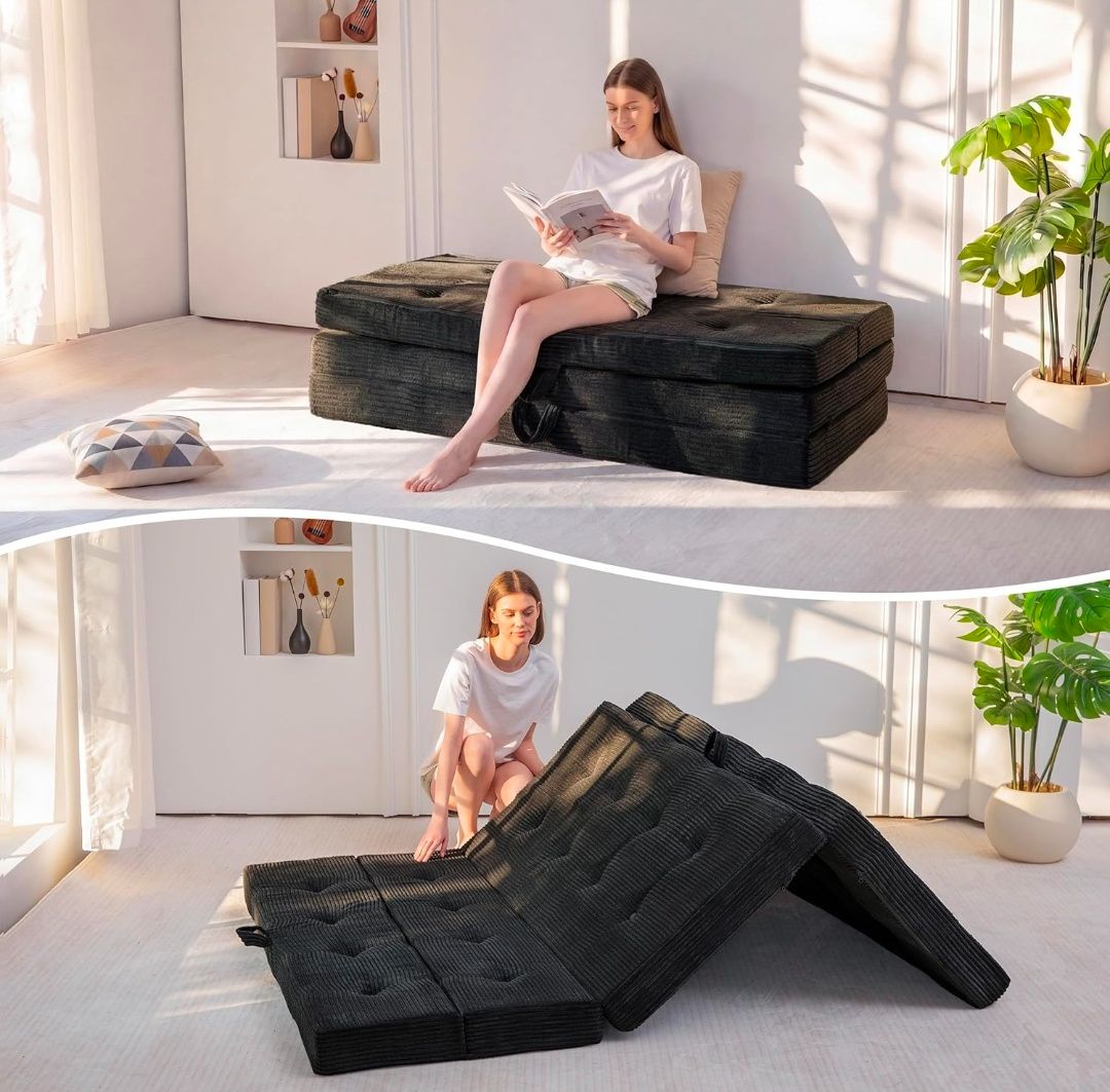 Foldable Sofa Couch Bed, 4 Inch Tufted Folding Mattress, Portable Floor Couch with Handles Guest Bed Topper Portable Camping Mat with Corded Fabric, Queen Size