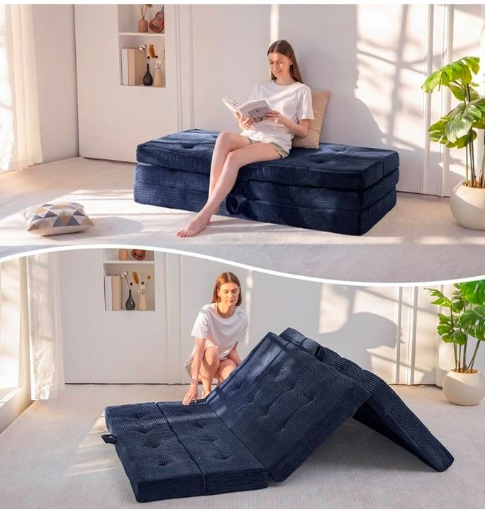 Foldable Sofa Couch Bed, 4 Inch Tufted Folding Mattress, Portable Floor Couch with Handles Guest Bed Topper Portable Camping Mat with Corded Fabric, Queen Size