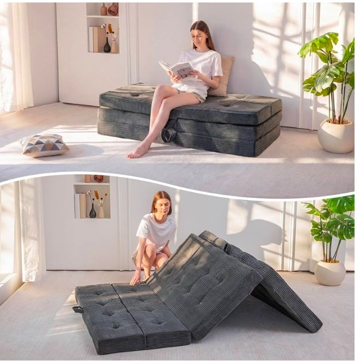 Foldable Sofa Couch Bed, 4 Inch Tufted Folding Mattress, Portable Floor Couch with Handles Guest Bed Topper Portable Camping Mat with Corded Fabric, Queen Size