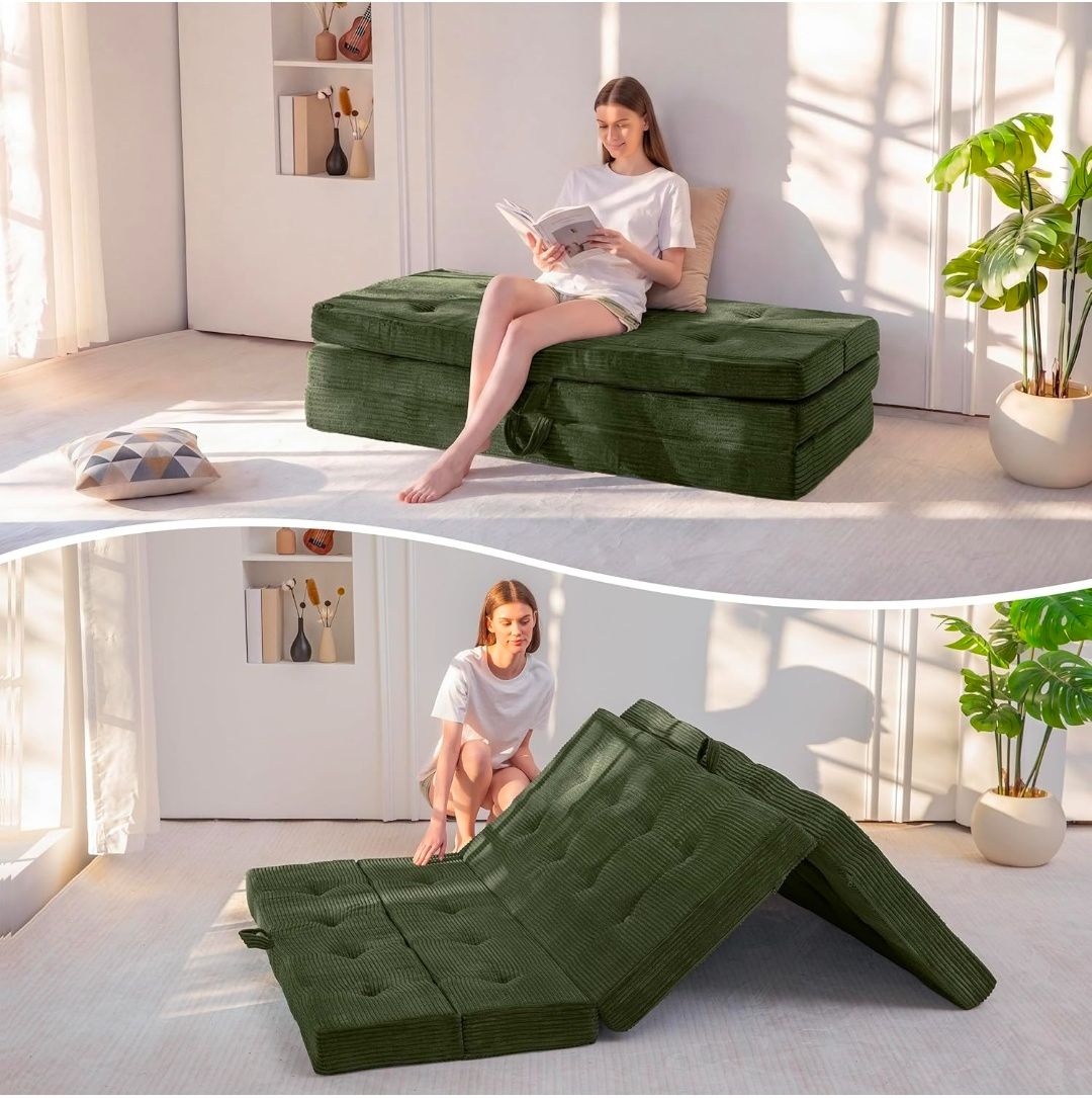 Foldable Sofa Couch Bed, 4 Inch Tufted Folding Mattress, Portable Floor Couch with Handles Guest Bed Topper Portable Camping Mat with Corded Fabric, Queen Size