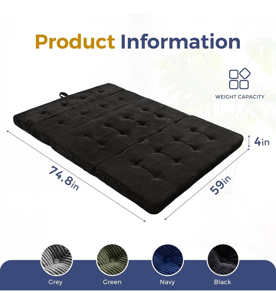 Foldable Sofa Couch Bed, 4 Inch Tufted Folding Mattress, Portable Floor Couch with Handles Guest Bed Topper Portable Camping Mat with Corded Fabric, Queen Size