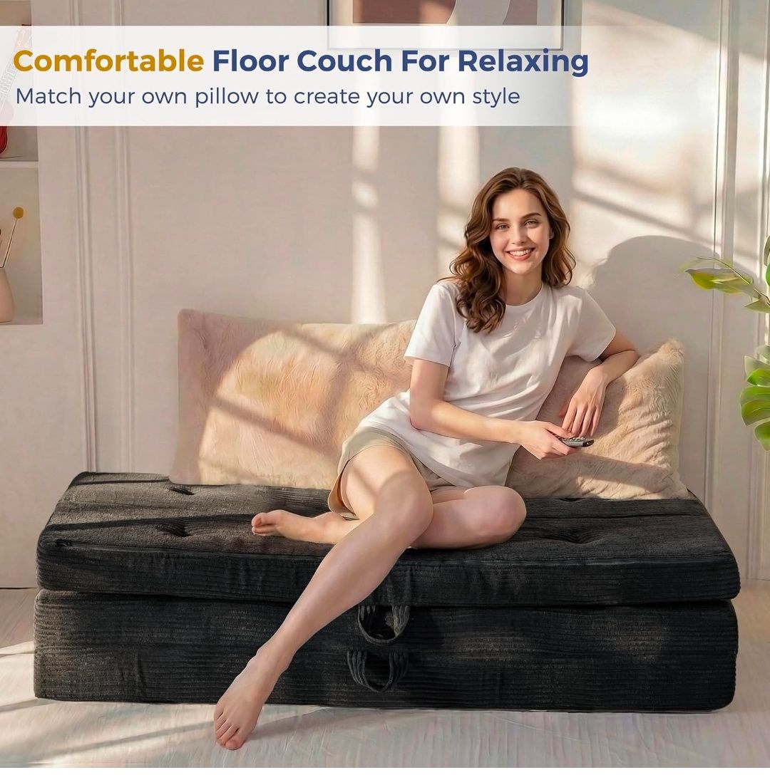 Foldable Sofa Couch Bed, 4 Inch Tufted Folding Mattress, Portable Floor Couch with Handles Guest Bed Topper Portable Camping Mat with Corded Fabric, Queen Size