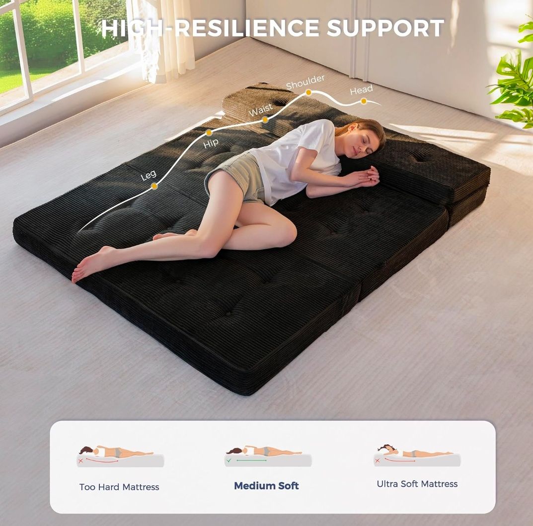 Foldable Sofa Couch Bed, 4 Inch Tufted Folding Mattress, Portable Floor Couch with Handles Guest Bed Topper Portable Camping Mat with Corded Fabric, Queen Size