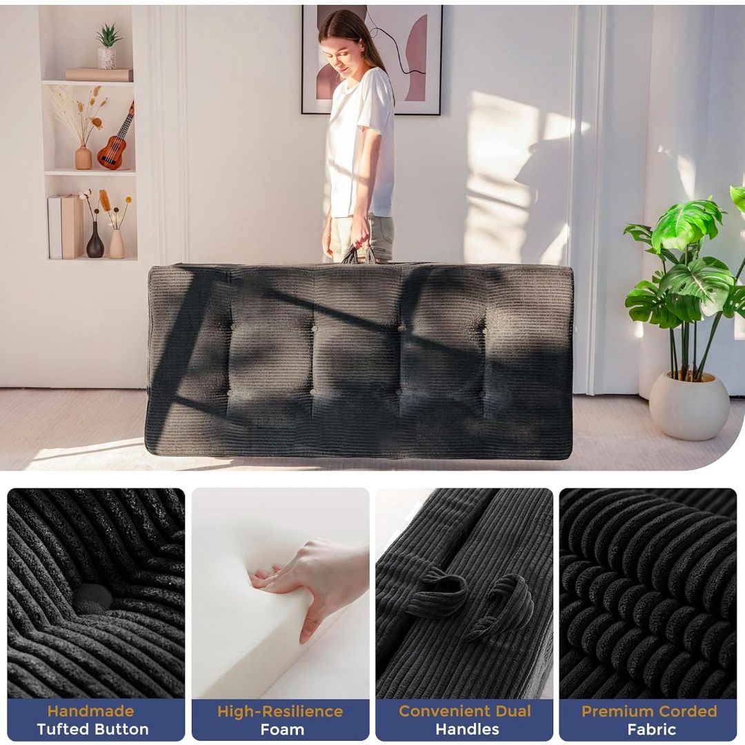 Foldable Sofa Couch Bed, 4 Inch Tufted Folding Mattress, Portable Floor Couch with Handles Guest Bed Topper Portable Camping Mat with Corded Fabric, Queen Size