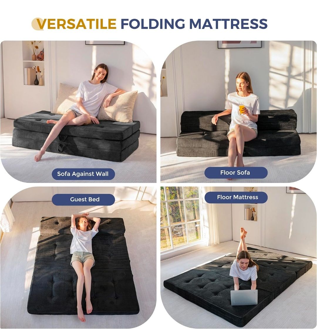 Foldable Sofa Couch Bed, 4 Inch Tufted Folding Mattress, Portable Floor Couch with Handles Guest Bed Topper Portable Camping Mat with Corded Fabric, Queen Size