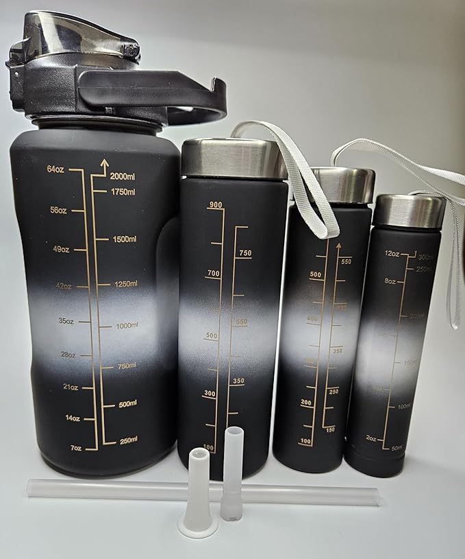 PREMIUM 4 in 1 Motivational Bottle Set of 4 Water Bottles 2000ML, 900ML, 600ML, 300ML with Inspirational Time Marker, Leak Proof Durable Non-Toxic Sipper Water Bottle for Office, School Gym
