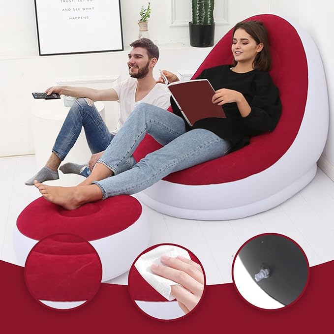 FREMIUM Inflatable seat, with foot rest and a manual pump Lounge Sofa Bed Set, Folding Portable Inflatable Lazy Flocking Chair with Footstool and Air Pump