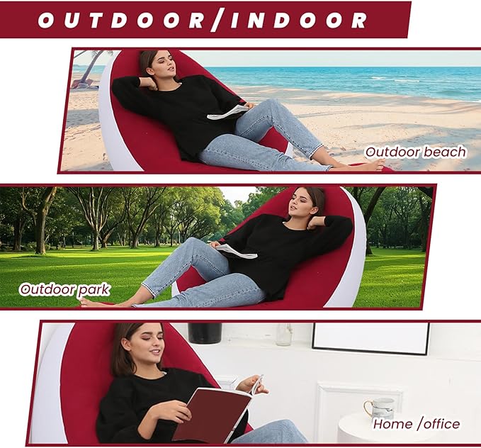 FREMIUM Inflatable seat, with foot rest and a manual pump Lounge Sofa Bed Set, Folding Portable Inflatable Lazy Flocking Chair with Footstool and Air Pump
