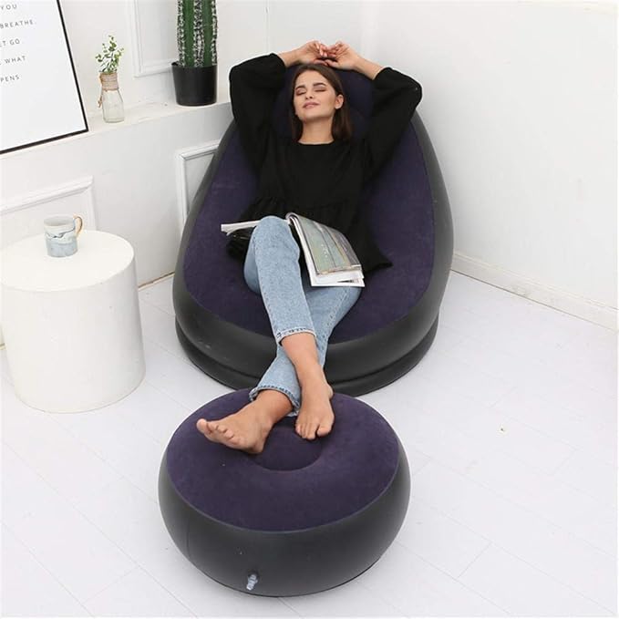 FREMIUM Inflatable seat, with foot rest and a manual pump Lounge Sofa Bed Set, Folding Portable Inflatable Lazy Flocking Chair with Footstool and Air Pump