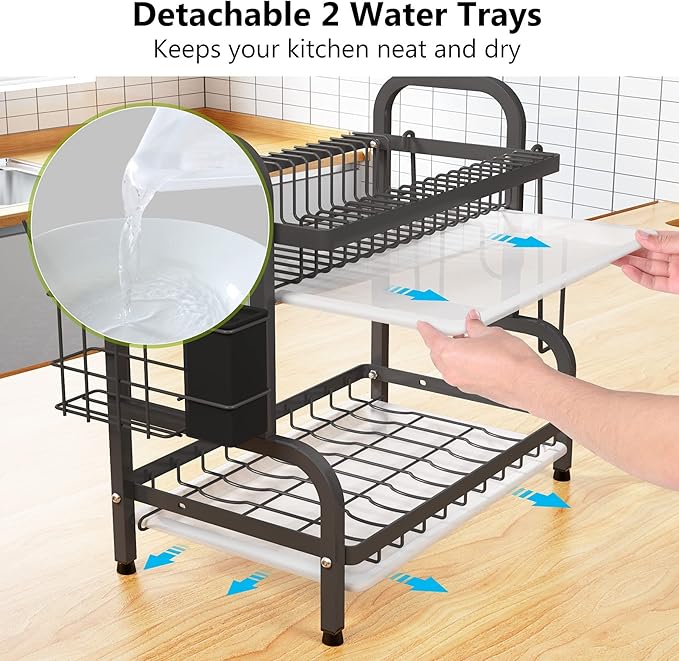 STURDY 2Layer Dish Rack Advanced 2 Tier Stainless Steel Dish Rack Drainboard Set,Utensil Holder, Cutting Board Holder,Dish Drainer for Kitchen Counter,Space-Saving