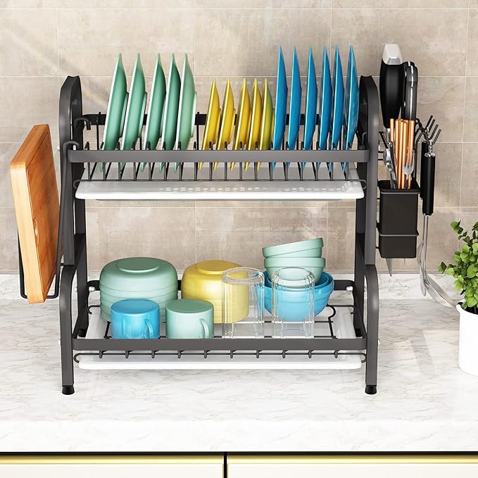 STURDY 2Layer Dish Rack Advanced 2 Tier Stainless Steel Dish Rack Drainboard Set,Utensil Holder, Cutting Board Holder,Dish Drainer for Kitchen Counter,Space-Saving