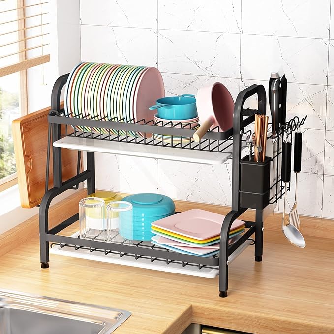 STURDY 2Layer Dish Rack Advanced 2 Tier Stainless Steel Dish Rack Drainboard Set,Utensil Holder, Cutting Board Holder,Dish Drainer for Kitchen Counter,Space-Saving