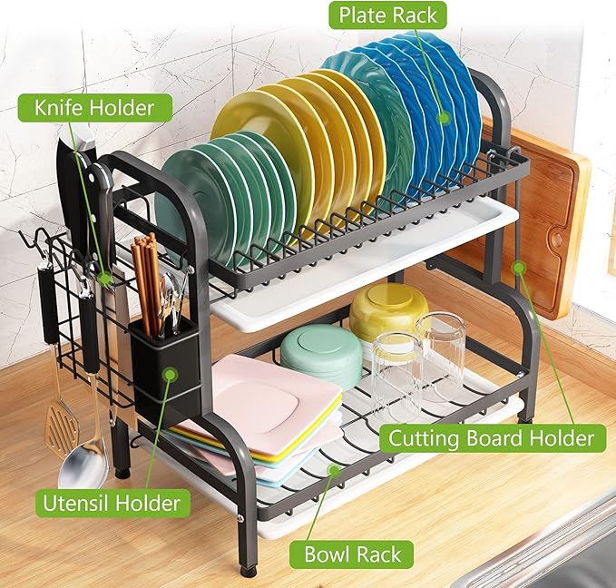STURDY 2Layer Dish Rack Advanced 2 Tier Stainless Steel Dish Rack Drainboard Set,Utensil Holder, Cutting Board Holder,Dish Drainer for Kitchen Counter,Space-Saving