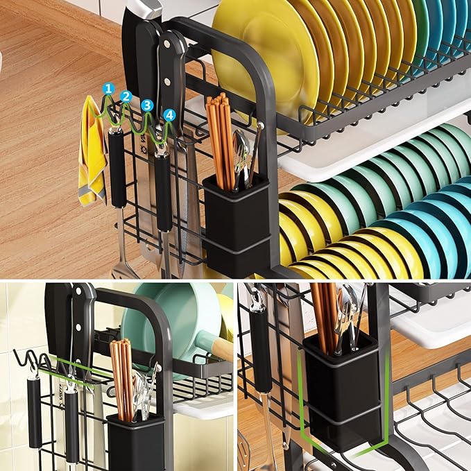 STURDY 2Layer Dish Rack Advanced 2 Tier Stainless Steel Dish Rack Drainboard Set,Utensil Holder, Cutting Board Holder,Dish Drainer for Kitchen Counter,Space-Saving