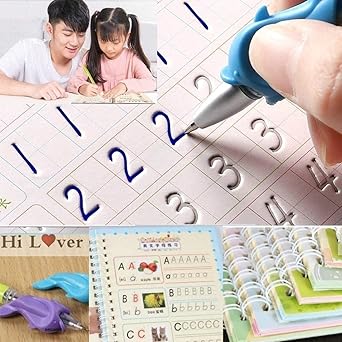 Sank Magic Practice Copybook, (4 BOOK + 10 REFILL+ 1 Pen +1 Grip) Number Tracing Book for Preschoolers with Pen, Magic Calligraphy Copybook Set Practical Reusable Writing Tool Simple Hand Lettering