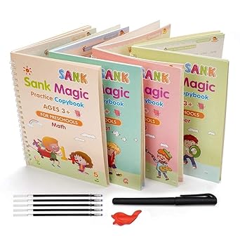Sank Magic Practice Copybook, (4 BOOK + 10 REFILL+ 1 Pen +1 Grip) Number Tracing Book for Preschoolers with Pen, Magic Calligraphy Copybook Set Practical Reusable Writing Tool Simple Hand Lettering
