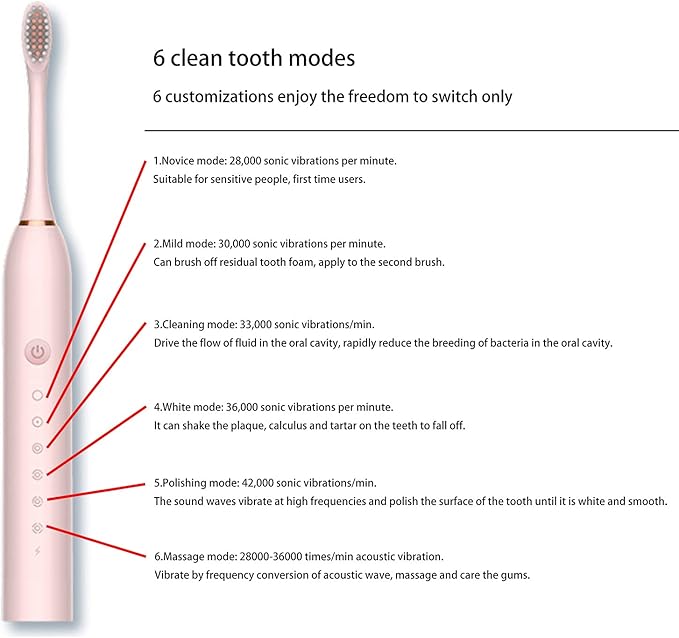 LUXURY Sonic Electric Toothbrush 3 Brush Heads for Adults IPX7 Waterproof 6 Modes Rechargeable with 4 Replacement Heads