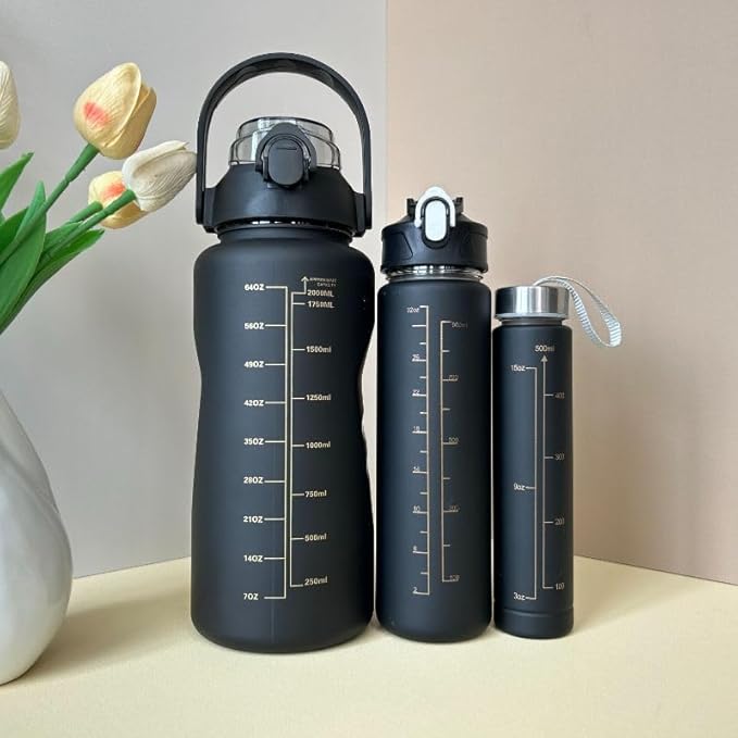 PREMIUM 3 in 1 Water Bottles Set of 3 Water Bottle 2000ML, 900ML, 300ML with Motivational Time Marker, Leakproof Durable Sipper Water bottle for Office, School, Gym