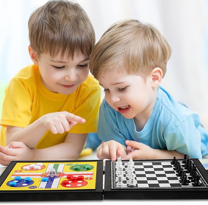 PREMIUM 5 in 1 Small Chess Checkers Board Game Set Travel Game Road and Flight Trip Essentials Magnetic Travel Chess Checkers for Trip Camping Activities Party Game for Adults and Teens