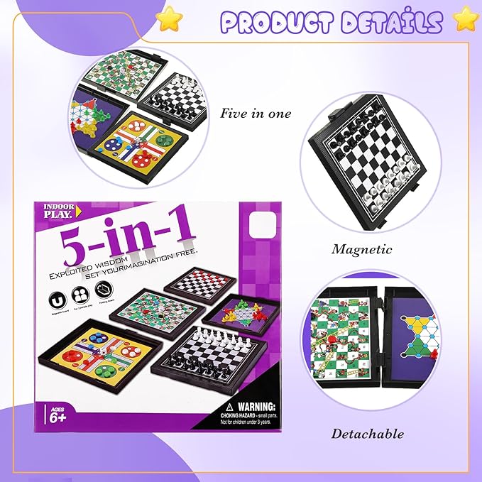 PREMIUM 5 in 1 Small Chess Checkers Board Game Set Travel Game Road and Flight Trip Essentials Magnetic Travel Chess Checkers for Trip Camping Activities Party Game for Adults and Teens